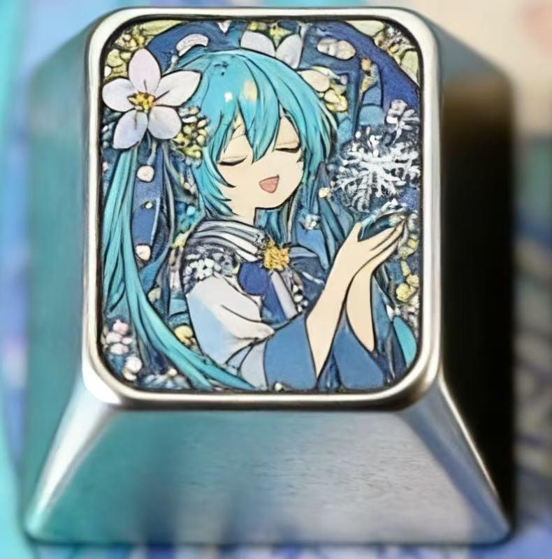 Hatsune Miku Huaxianzi, 1U titanium alloy personalized keycap, cartoon game music cartoon character keyboard metal decorative keycap