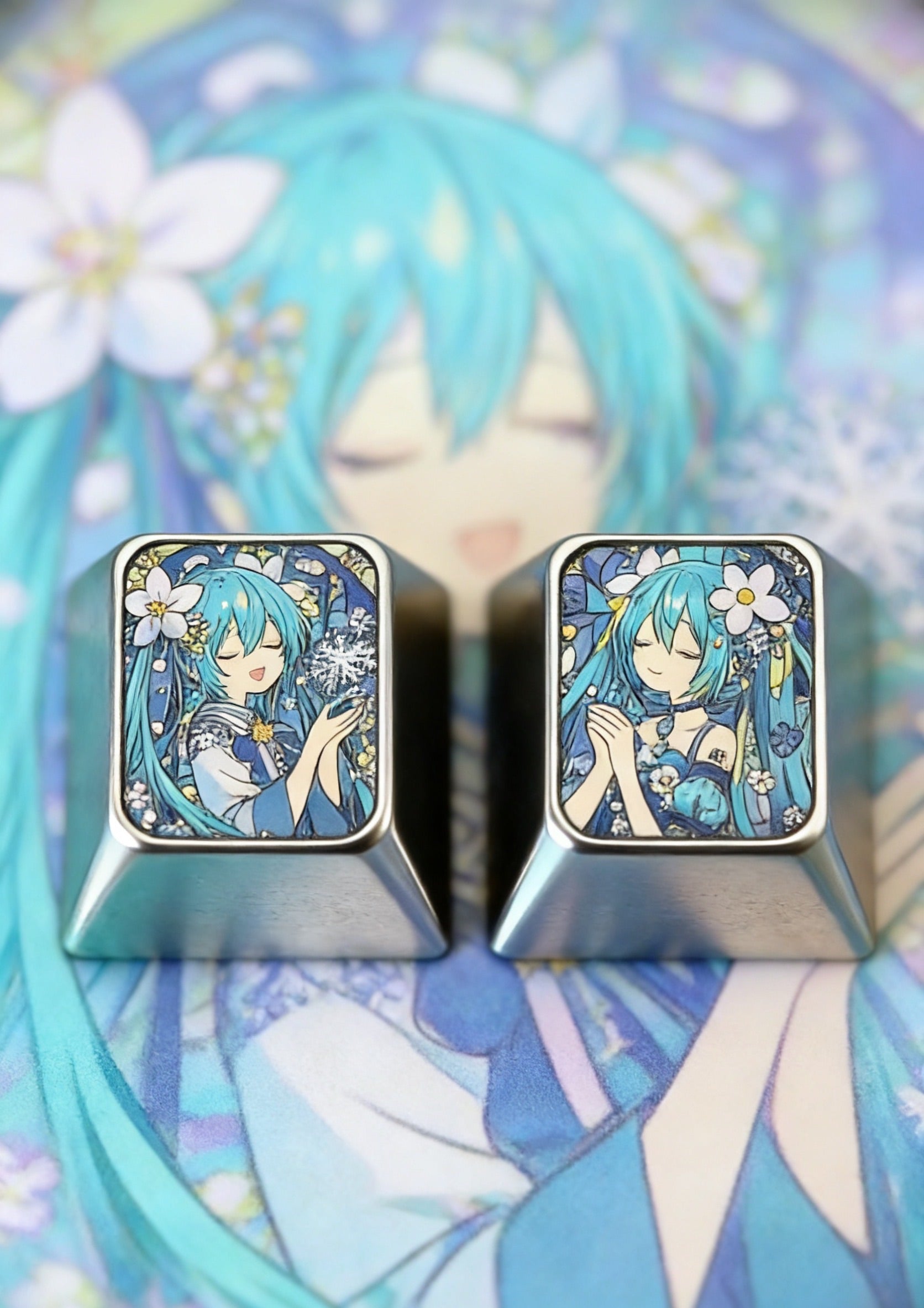 Hatsune Miku Huaxianzi, 1U titanium alloy personalized keycap, cartoon game music cartoon character keyboard metal decorative keycap