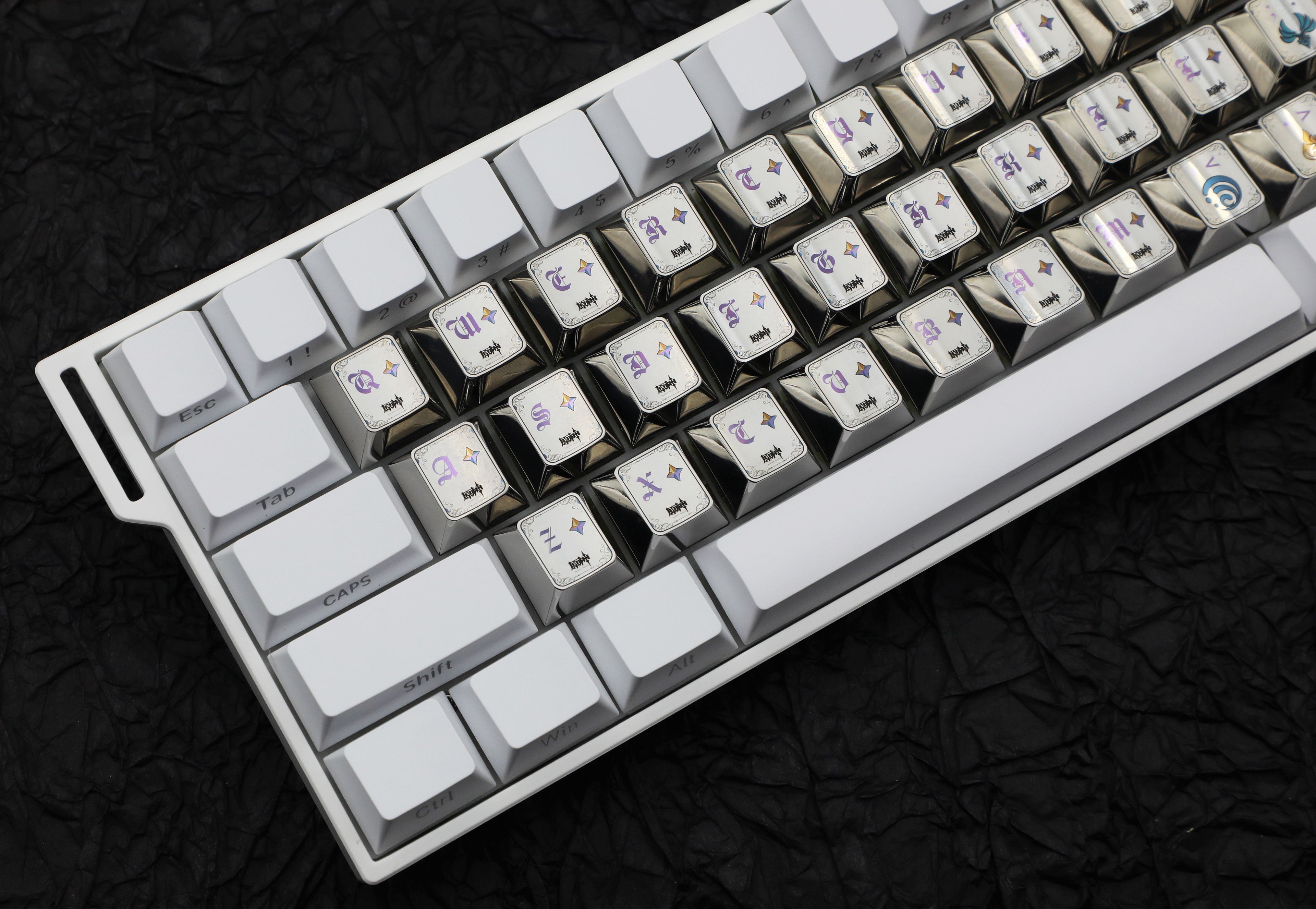 Genshin Impact theme design, 26 letter+7 symbol keys, titanium alloy personalized keycaps, game design custom metal carved decorative keycaps