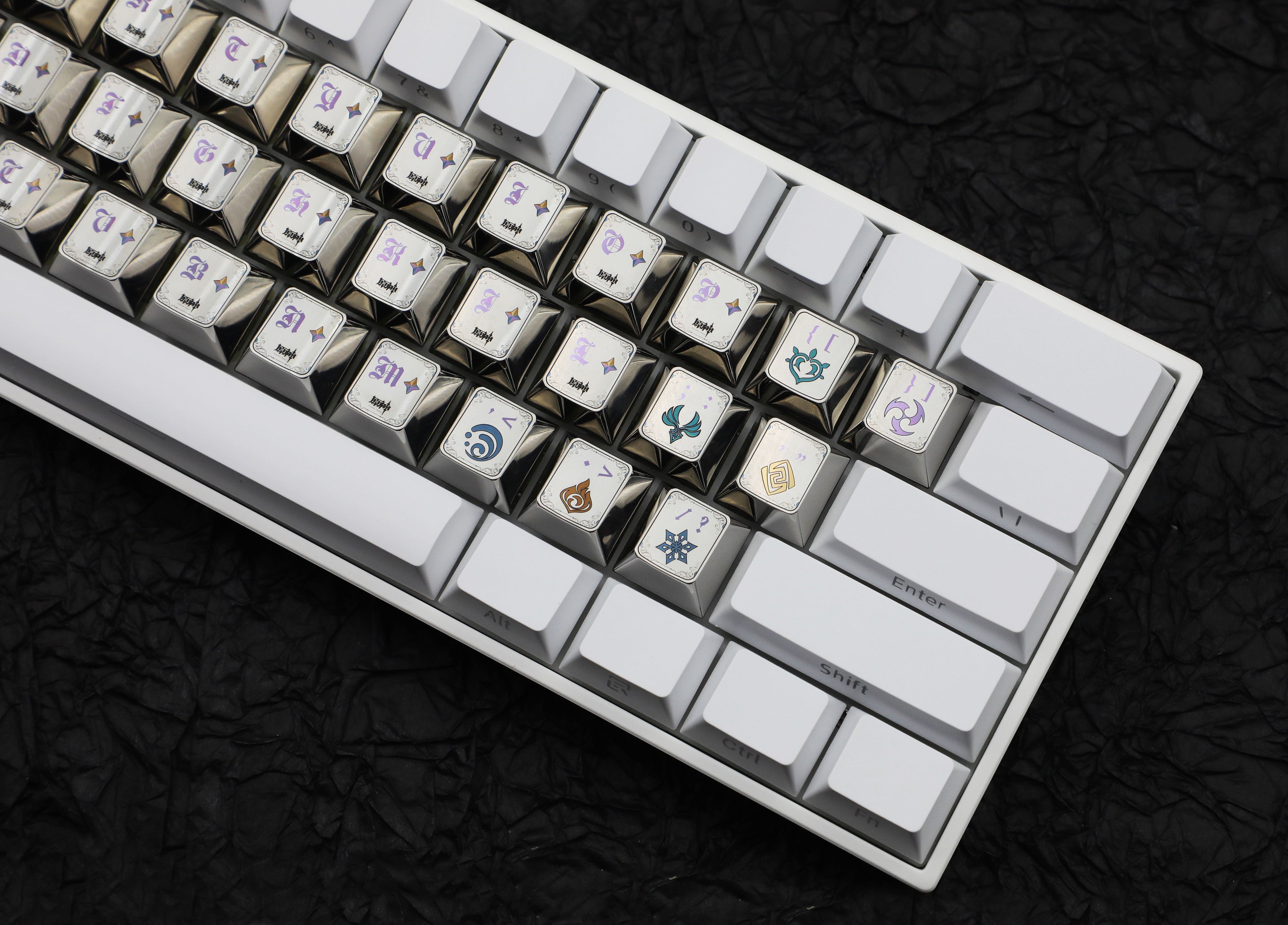 Genshin Impact theme design, 26 letter+7 symbol keys, titanium alloy personalized keycaps, game design custom metal carved decorative keycaps