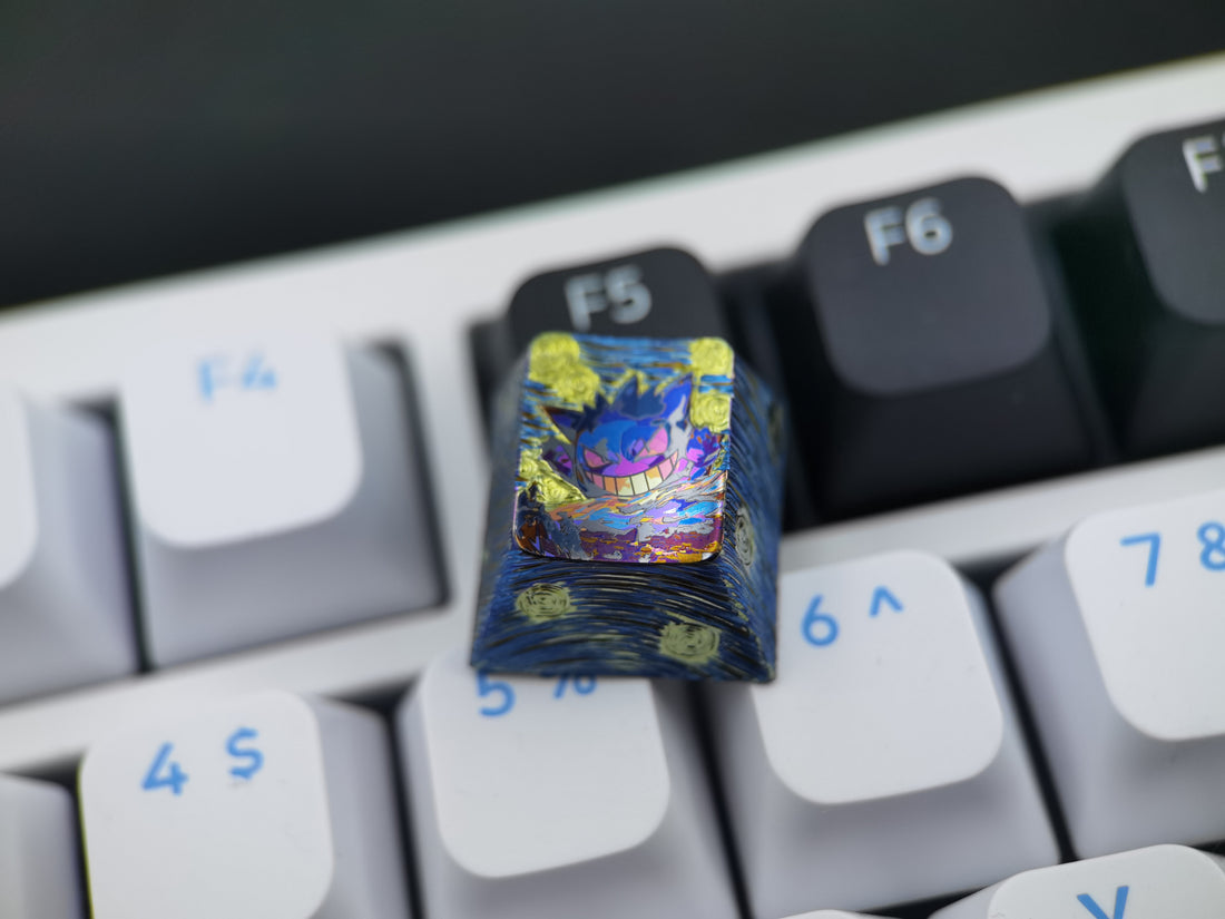 Hand carved gengar, 1U hammer patterned titanium alloy carved keycaps, metal personalized keycaps, keyboard decorative keycaps.