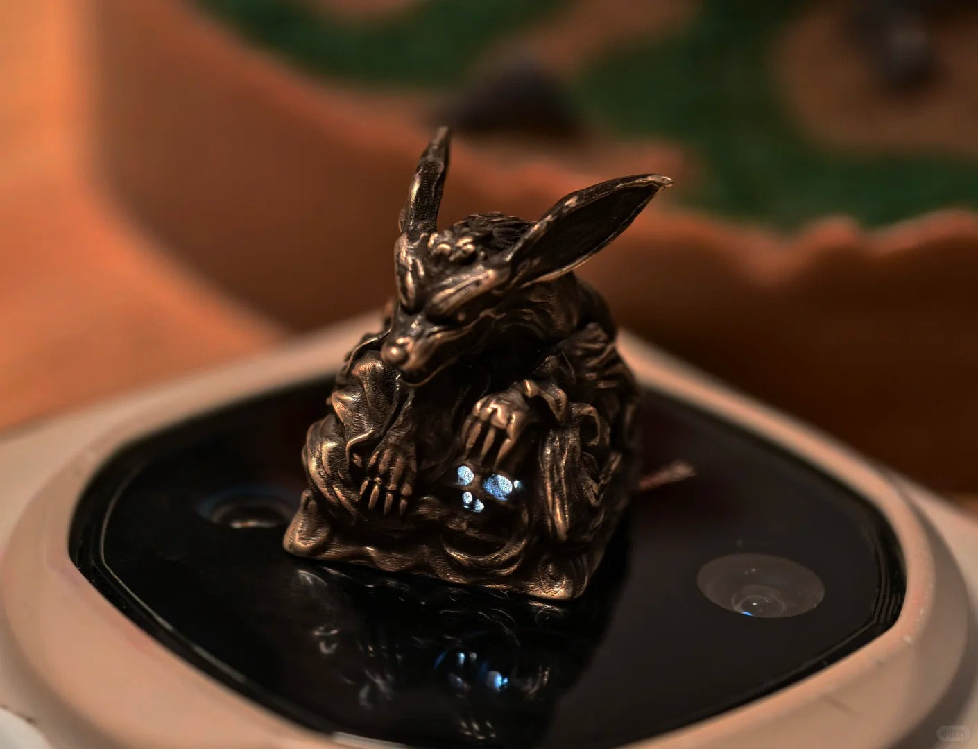 Nine Tailed Fox, made of 925 sterling silver, metal personalized keycaps, designed with mythical ancient mythical animal images, mechanical keyboard decoration keycaps