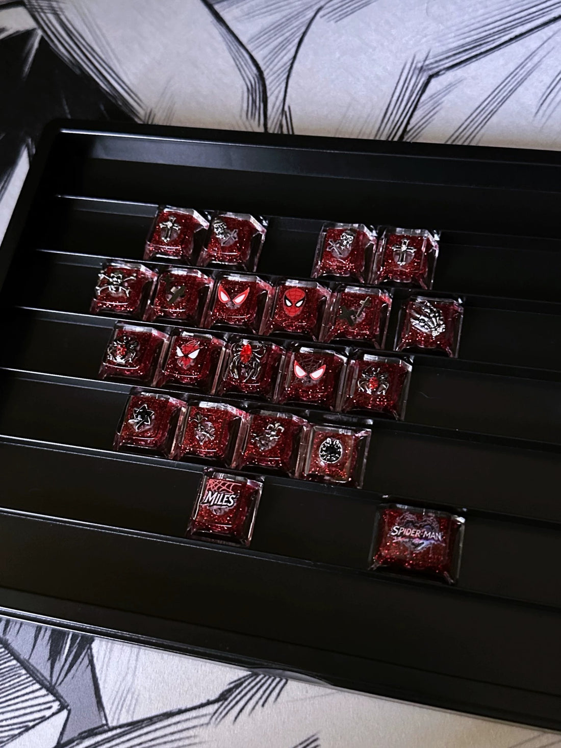 Spider Man themed creation, superhero keycaps, Love type area/21 pieces/ a set mechanical keyboard, creative computer desktop matching keycaps, Mechanical keyboard decorative keycaps