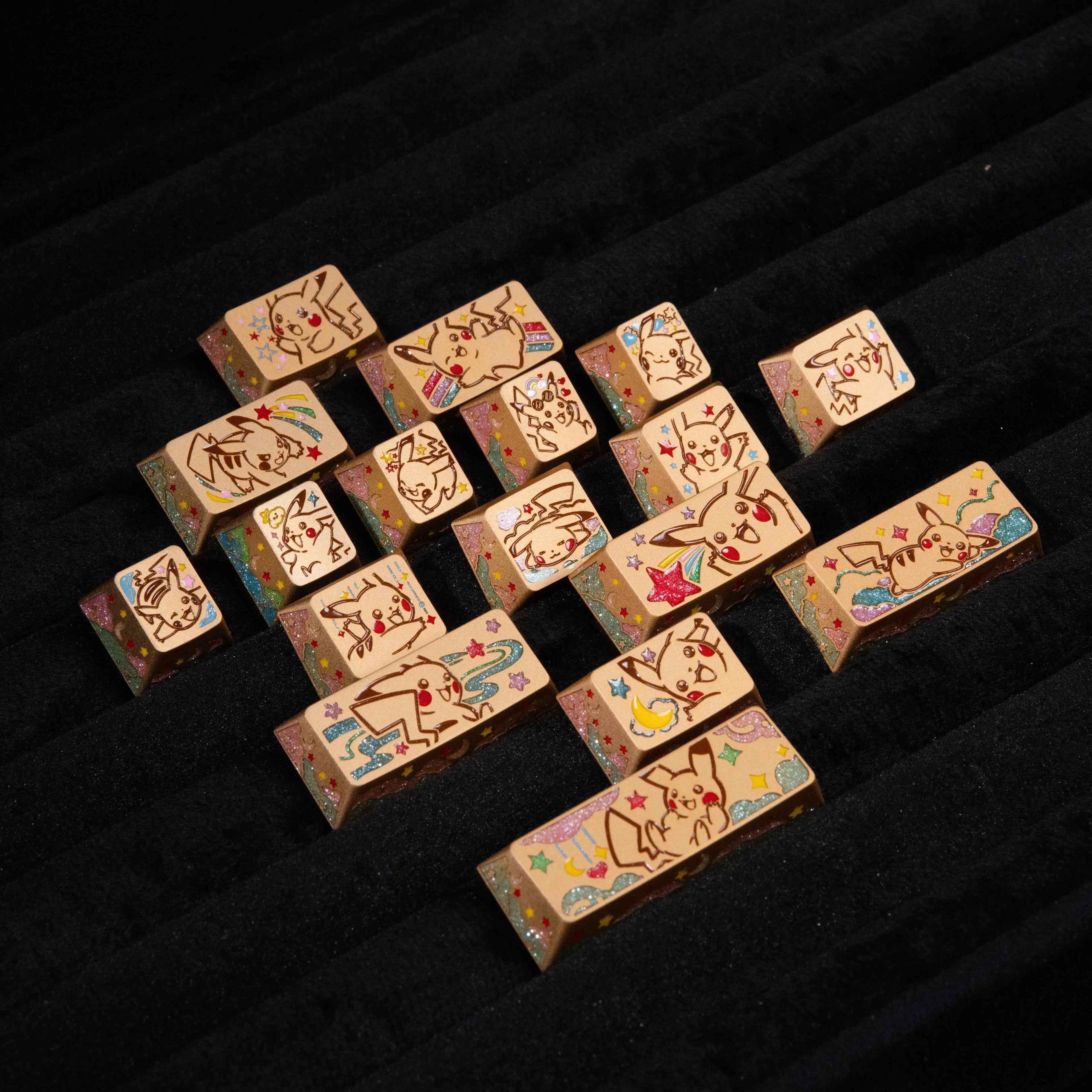 Pok é mon series, Pikachu themed design, keycaps made of aluminum alloy material CNC integrated precision machining personalized keycaps, mechanical keyboard decorative keycaps