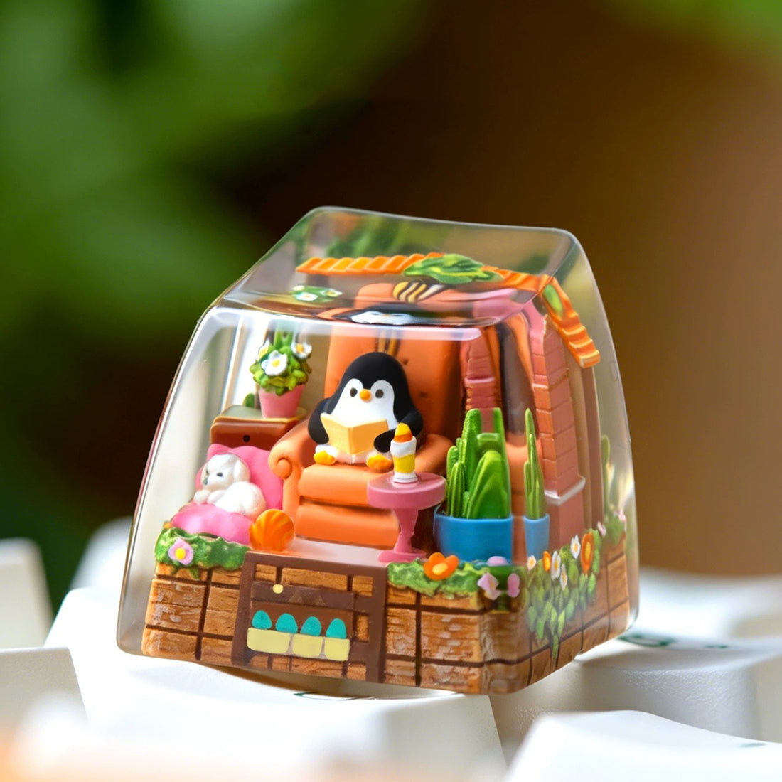 Original Design Penguin Baby Crystal Resin Personalized Keycaps, Cartoon Miniature Landscape Keycaps, Mechanical Keyboard Decorative Keycaps