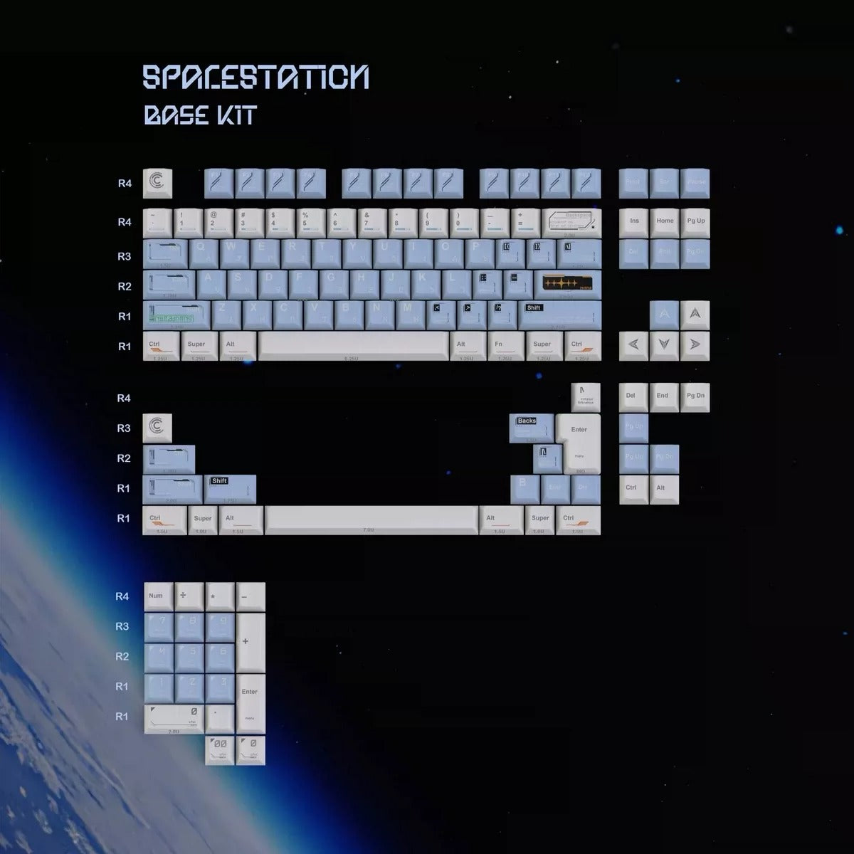 Space Station Theme SpaceStation Mechanical Keyboard Keycaps in Blue and White Color, Original Factory Height PBT Material Decorative Keycap Set