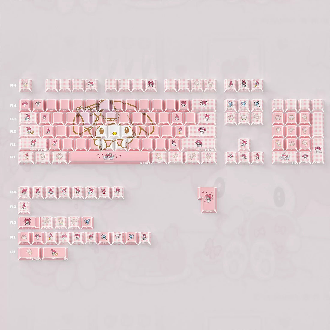 My Melody theme design personalized keycap set with folded edges, transparent side engraving, PBT material, heat sublimation process, original factory height mechanical keyboard decoration keycap set
