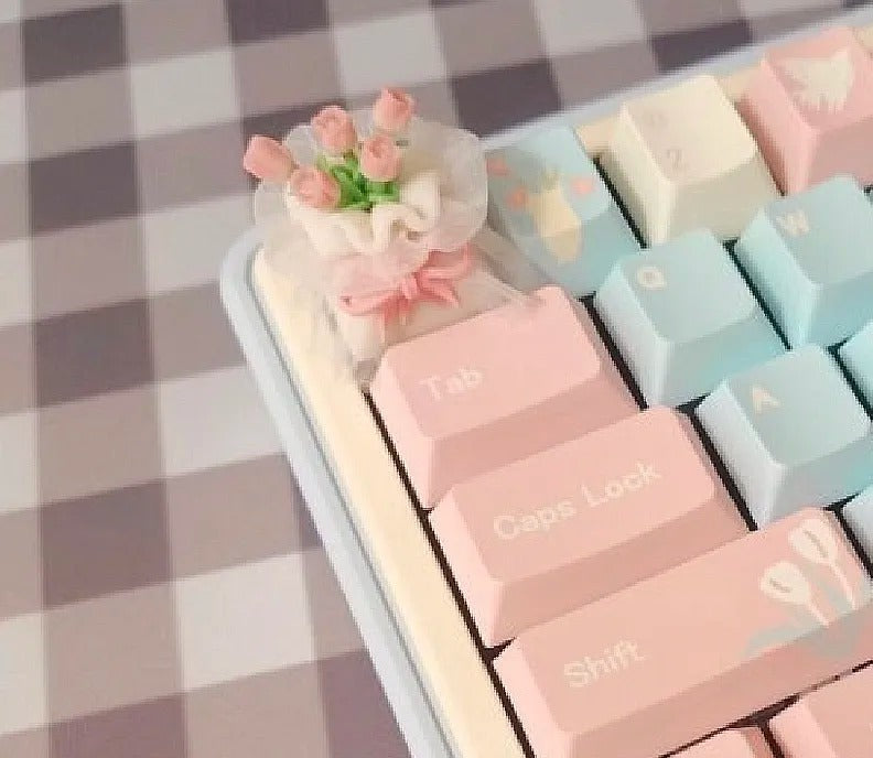 Handmade soft clay tulips, lace bouquets personalized keycaps, Valentine&