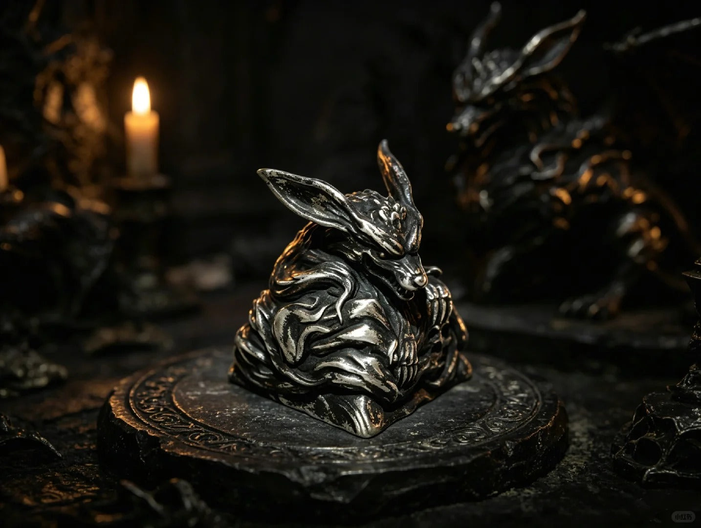 Nine Tailed Fox, made of 925 sterling silver, metal personalized keycaps, designed with mythical ancient mythical animal images, mechanical keyboard decoration keycaps