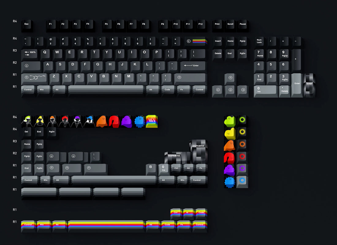 Dopamine themed PBT material creative keycap set, mechanical keyboard decorative keycaps, trendy and fashionable, creative peripherals, artistic keycaps, Compatible with 61/64/68/75/84/87/104 key mechanical keyboard keycap set