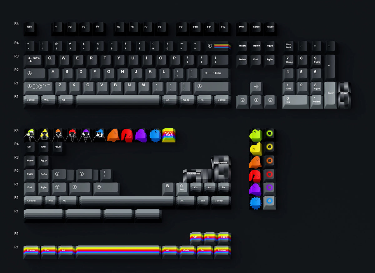 Dopamine themed PBT material creative keycap set, mechanical keyboard decorative keycaps, trendy and fashionable, creative peripherals, artistic keycaps, Compatible with 61/64/68/75/84/87/104 key mechanical keyboard keycap set