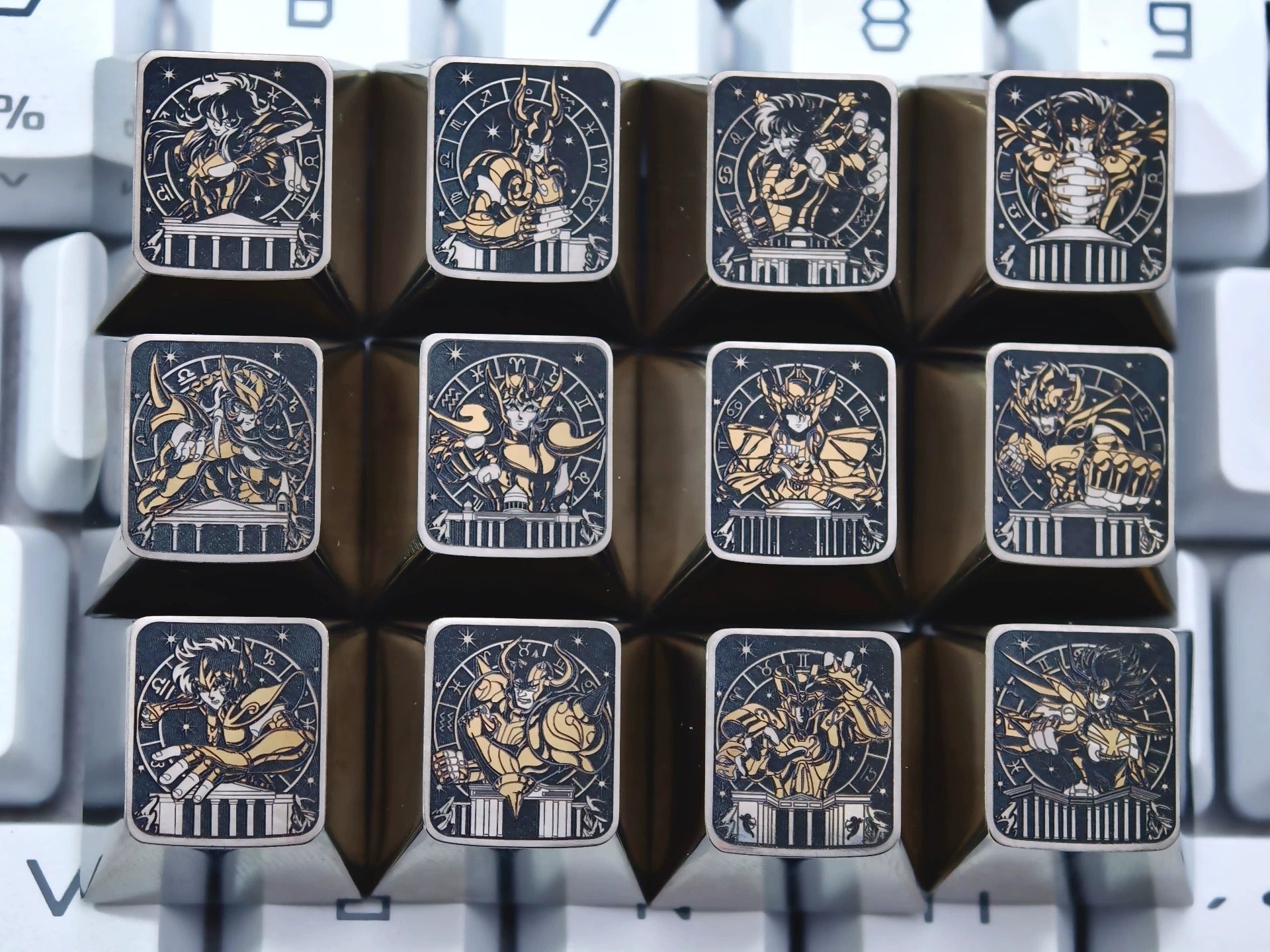 Saint Seiya, Twelve Gold Saints collection, 1U titanium alloy personalized keycaps, anime and game culture creative personalized keycaps, mechanical keyboard decorative keycaps