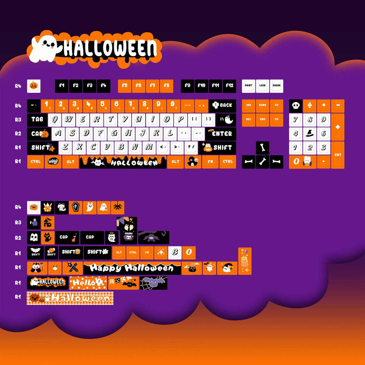 Halloween party theme, PBT material, sublimation, cartoon and funny Personalized keycap set, original factory height mechanical keyboard decorative keycap set,anime keycap set suitable for 61/64/68/75/84/87/104 Key Mechanical Keyboard