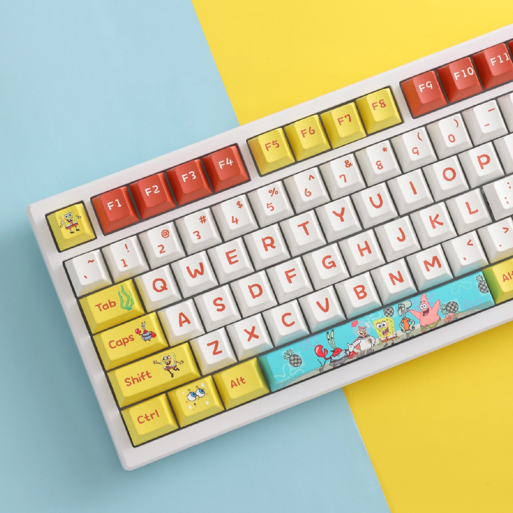 SpongeBob SquarePants Theme Design, PBT Material, sublimation, Personalized keycaps, mechanical keyboard decorative keycaps.