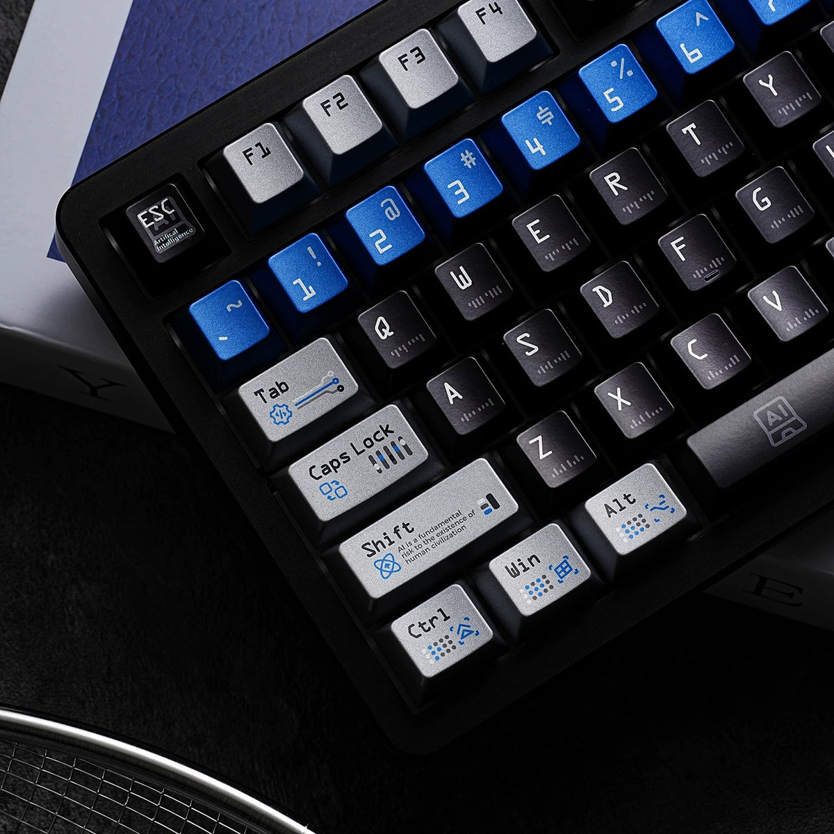 Artificial intelligence themed design, personalized key cap set with metallic paint texture, AI intelligent mechanical keyboard decorative keycaps, compatible with 61/64/68/75/84/87/104 key mechanical keyboard