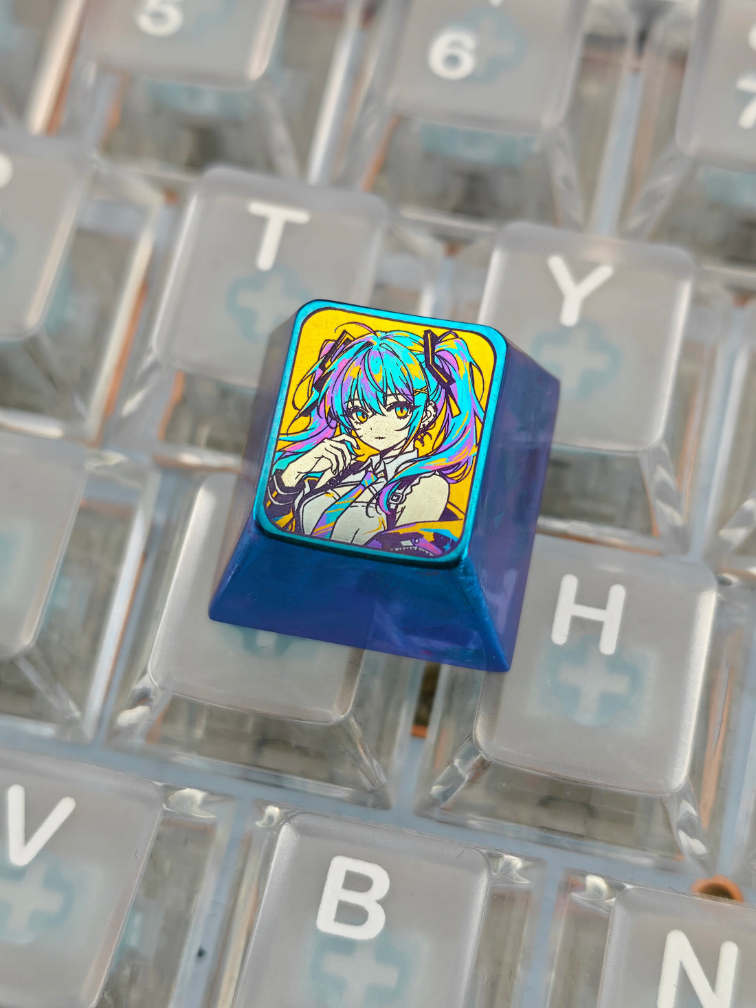 Hatsune Miku, yellow background, colorful 1 U titanium alloy personalized keycaps, anime and game culture creative art keycaps, mechanical keyboard decorative keycaps