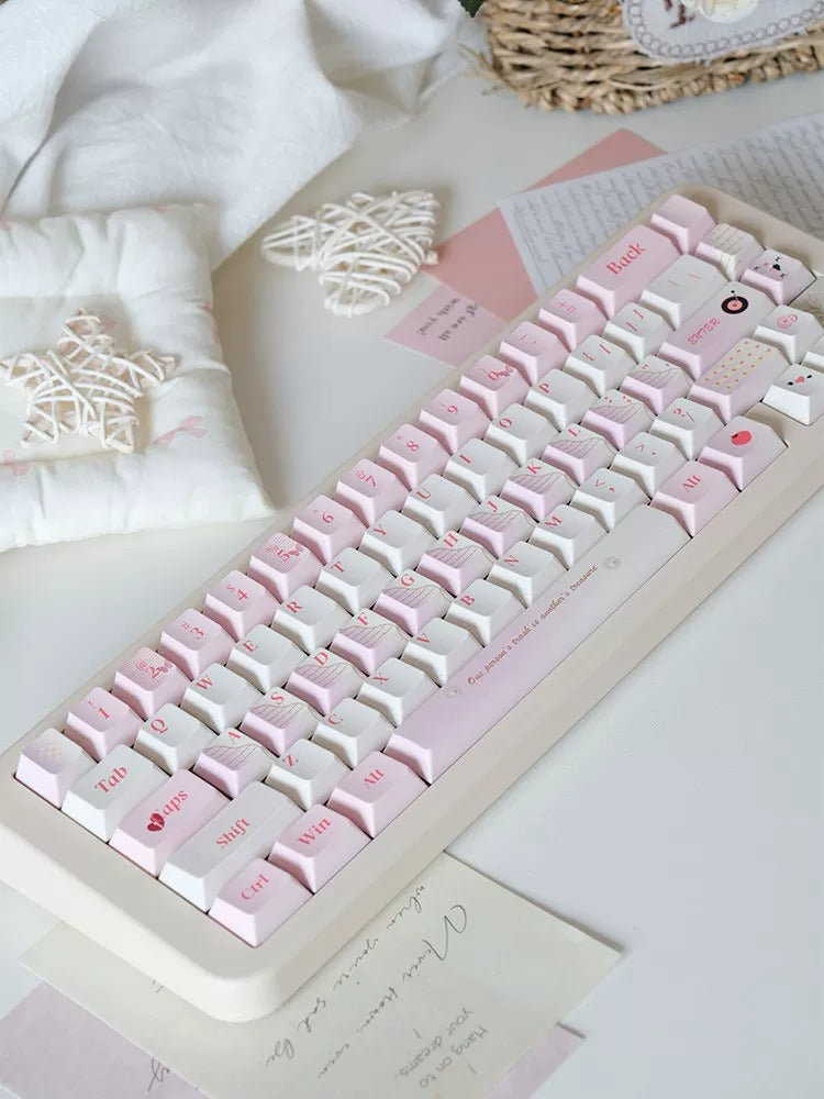 Love Notes, Pink themed PBT material personalized keycap set, mechanical keyboard replacement decorative keycaps, compatible with 61/64/68/75/84/87/104 key mechanical keyboard