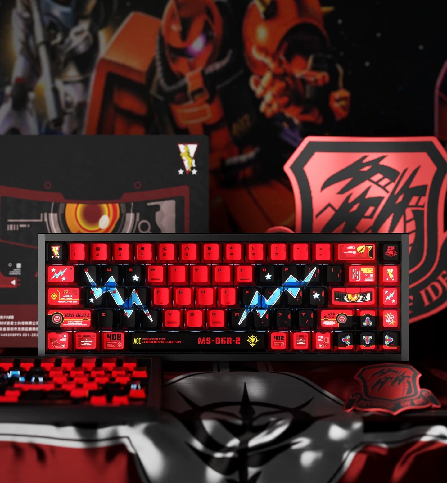 GUNDAM series, designed with Johnny Ridden theme MS-06S,Keycaps Customized Mechanical Keyboard PBT Thermal Sublimation Original Factory Height, compatible with 61/64/68/75/84/87/104 key mechanical keyboards