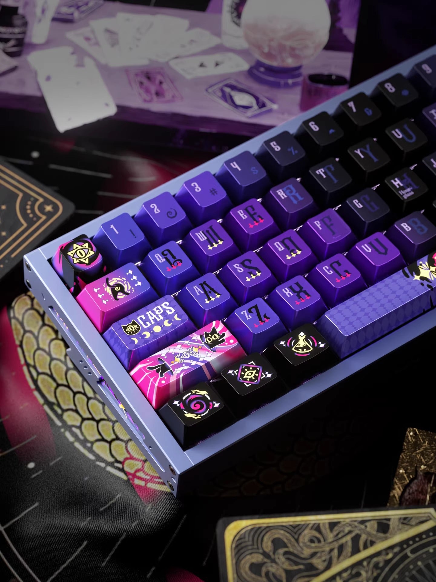 Secret Olympics Purple Black Cat Metal Paint PBT Customized Heat Sublimation Keycap Game Esports Mechanical Keyboard Decorative Keycap Set