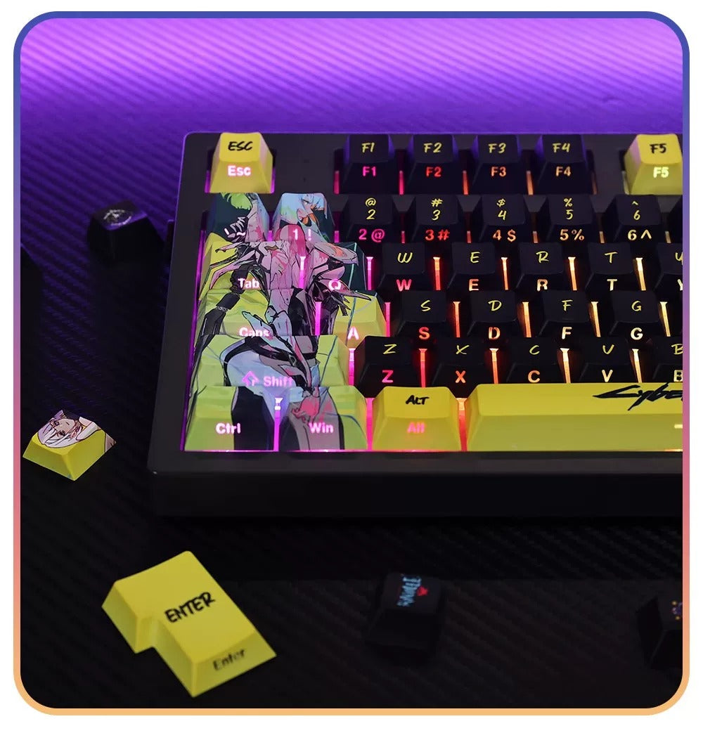 Cyberpunk: Edgerunners, PBT material personalized keycaps, mechanical keyboard replacement keycap set, anime and game cultural and creative keycaps set, Compatible with 61/64/68/75/84/87/104 Key Mechanical Keyboard Keycap Set