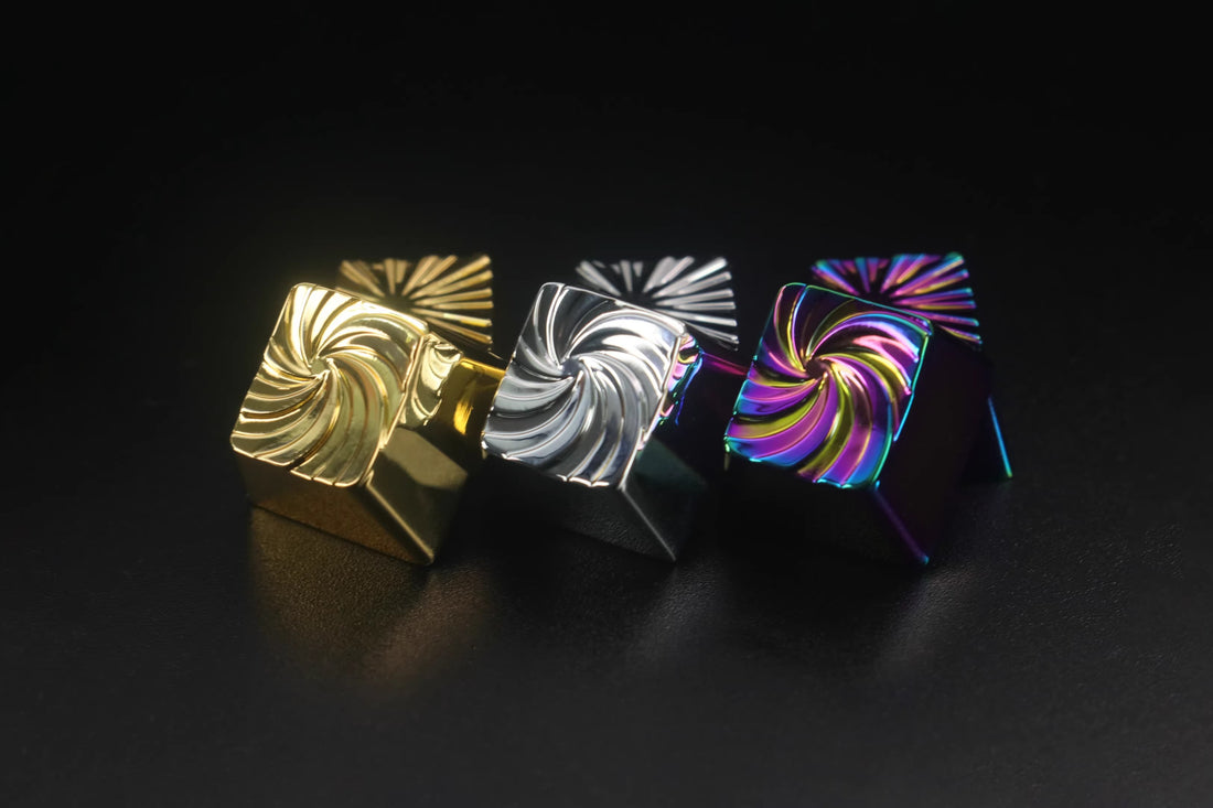 Explosion vortex geometric graphic art keycaps with iridescent gold plating, gold-plated silver mechanical keyboard, zinc aluminum alloy metal personalized keycaps