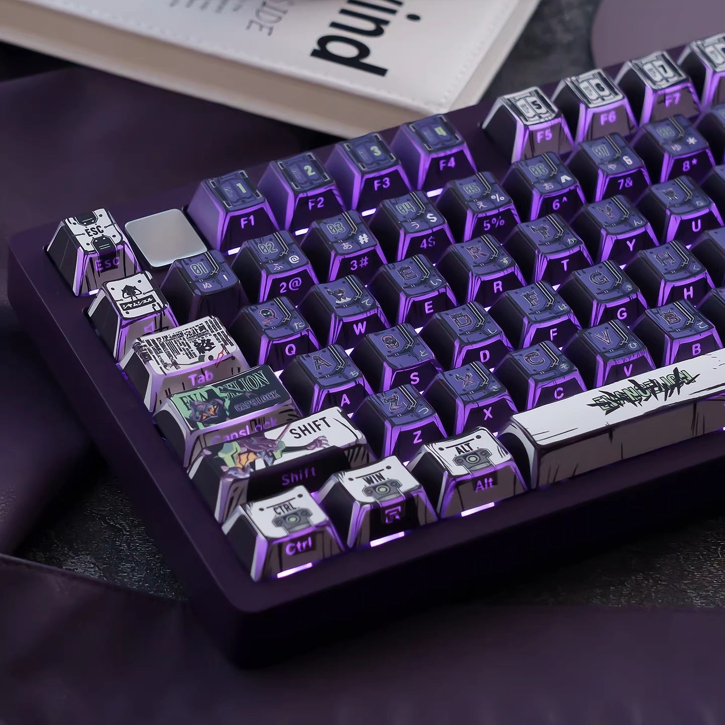EVA series, EVANGELION-01 theme, comic style PBT keycap with folded edges and transparent five sided heat sublimation mechanical keyboard decoration keycap, compatible with 61/64/68/75/84/87/104 key mechanical keyboard keycap set