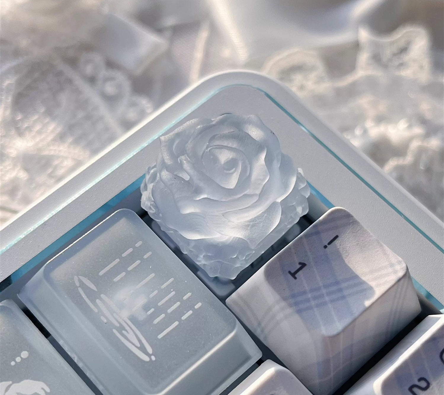 Ice rose mist translucent cute transparent resin personalized keycaps, rose shaped decorative art keycaps