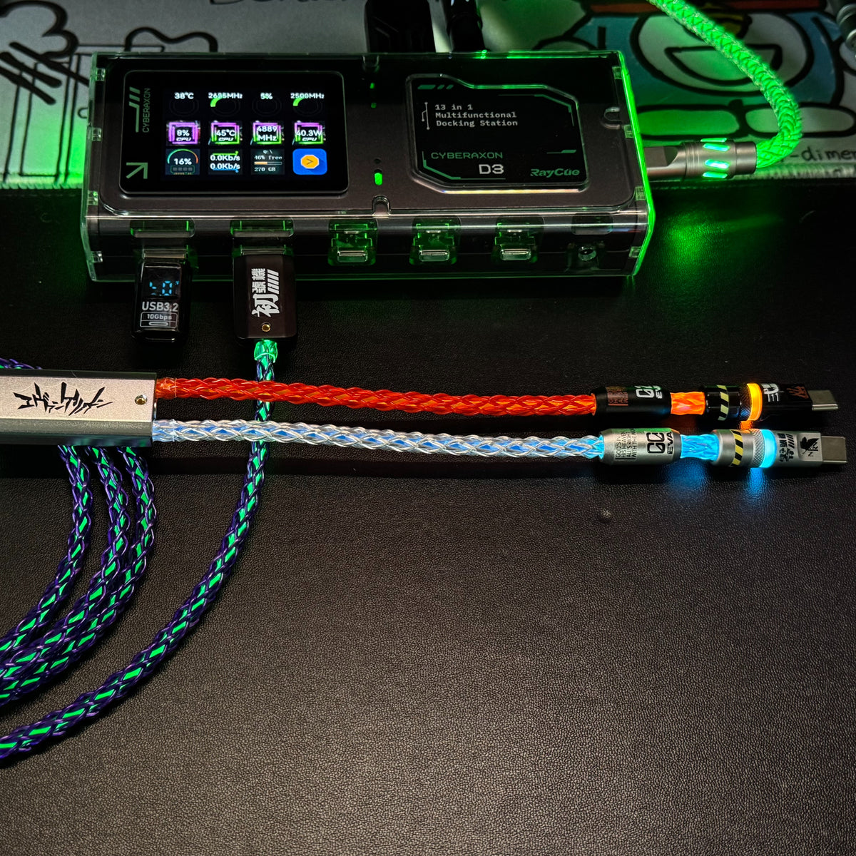 Customized manual data cable for mechanical keyboard with EVA theme design, dual type C aviation plug, dual 8K luminous data cables, magnetic axis mechanical keyboard