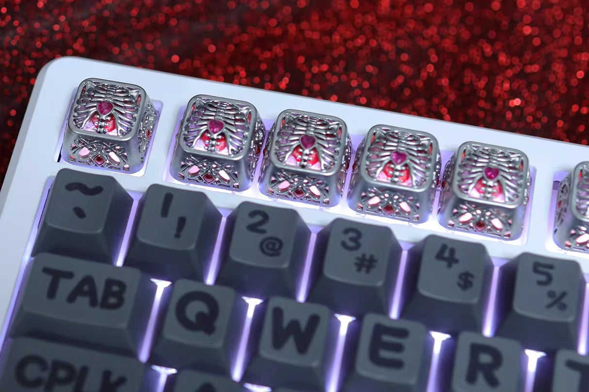 Steel heart, metal gemstone inlaid hollow design personalized keycaps, mechanical keyboard creative decorative keycaps