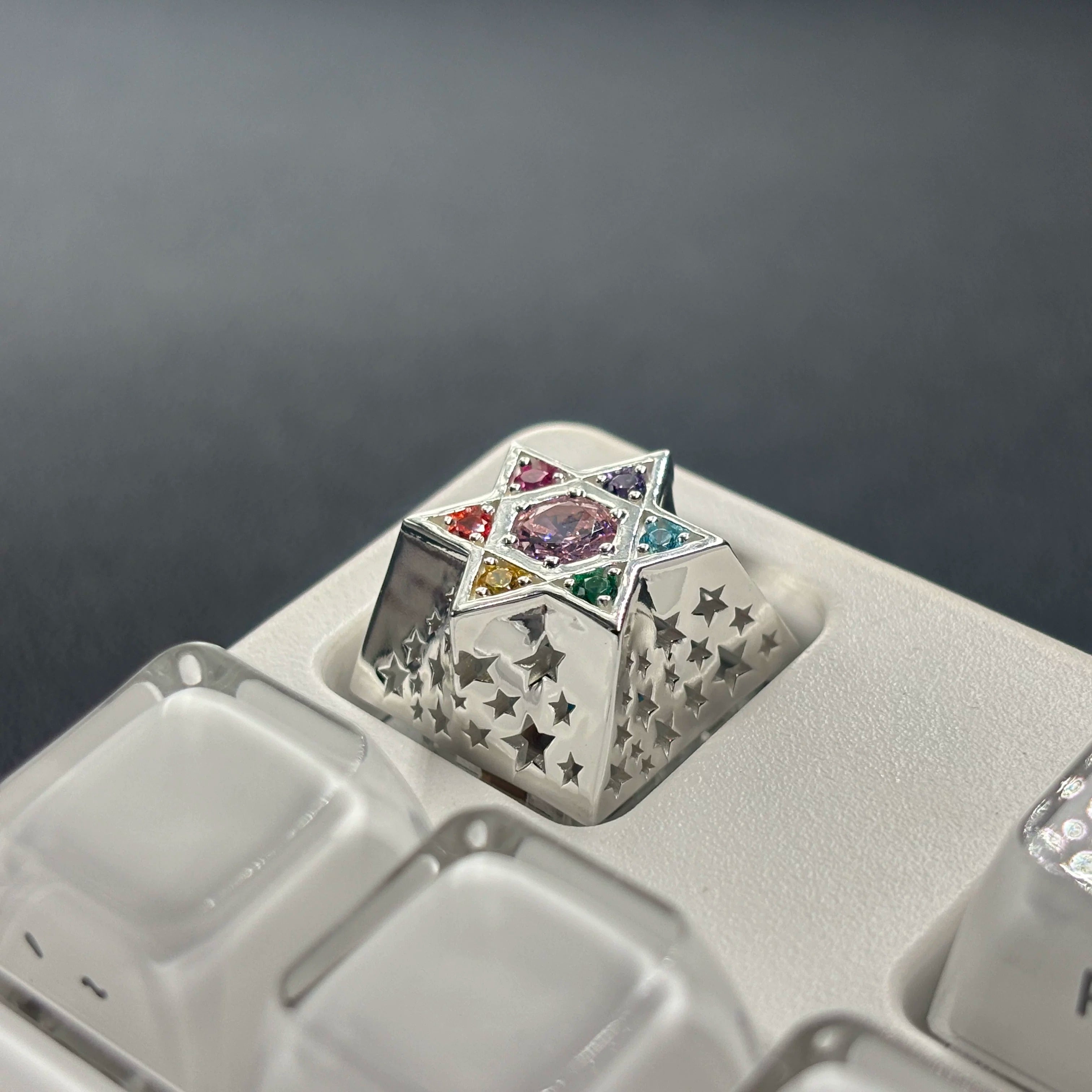 Hexagonal star, multi-color gemstone inlay, 925 sterling silver personalized keycap, hollowed out design mechanical keyboard metal decorative keycap