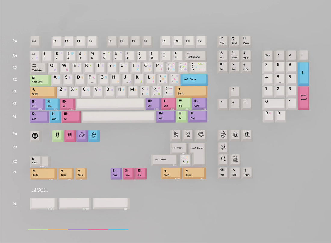 Rubber hose animation style themed keycap set, mechanical keycap PBT material material personalized keycap set, Retro animated films, compatible with 61/64/68/75/84/87/104 mechanical keyboard replacement keycap