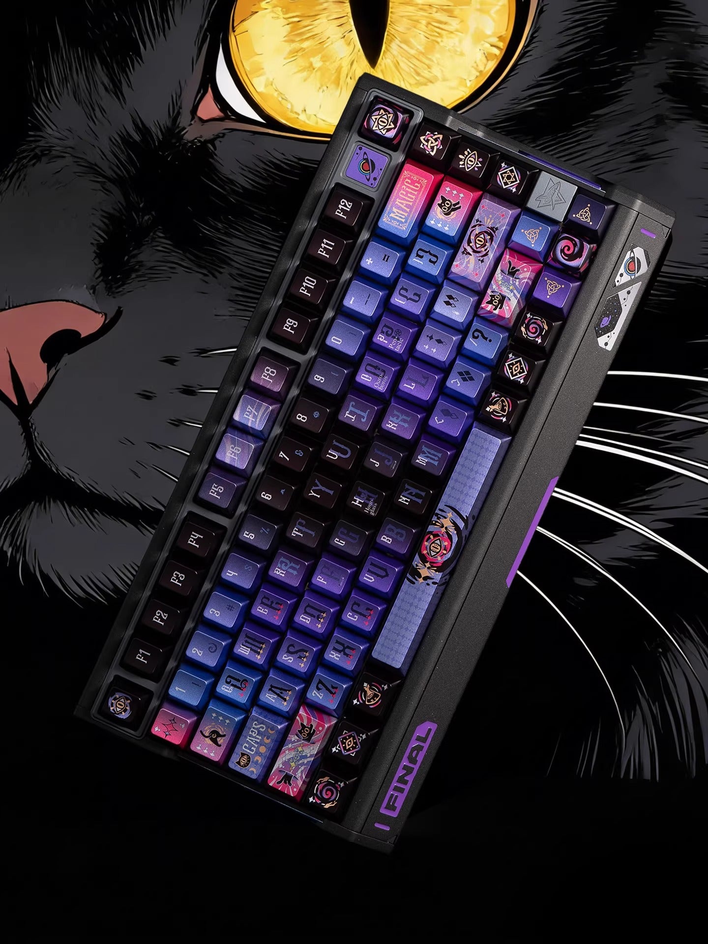 Secret Olympics Purple Black Cat Metal Paint PBT Customized Heat Sublimation Keycap Game Esports Mechanical Keyboard Decorative Keycap Set