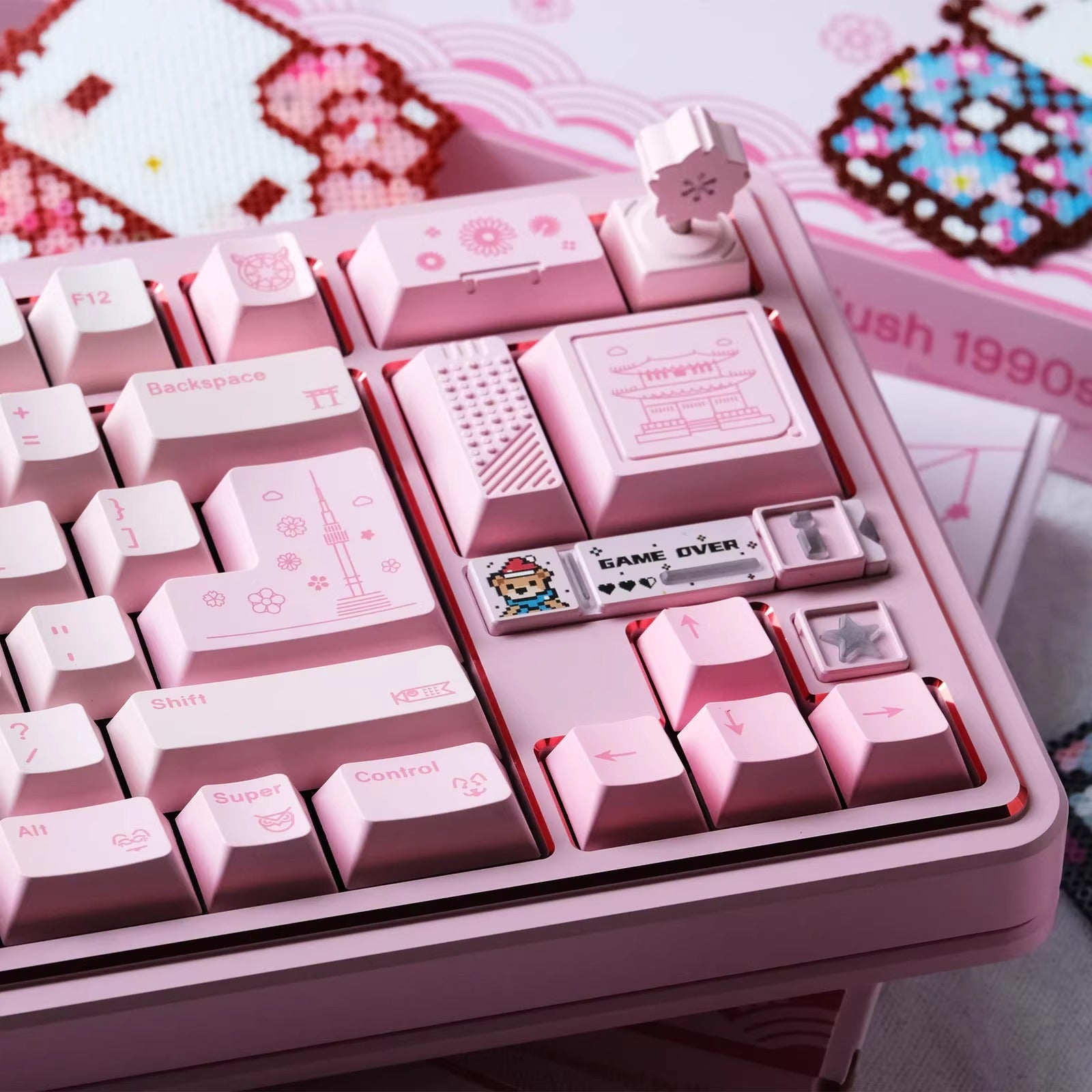 Pink logo metal personalized keycaps, mechanical keyboard pink decorative keycaps, three-dimensional pattern art keycaps