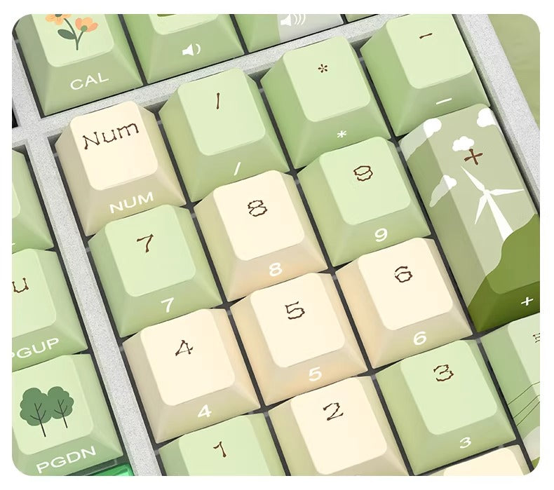 Spring outdoor mountain stream theme design, side engraving, original factory transparent keycaps, complete set of PBT thermal sublimation