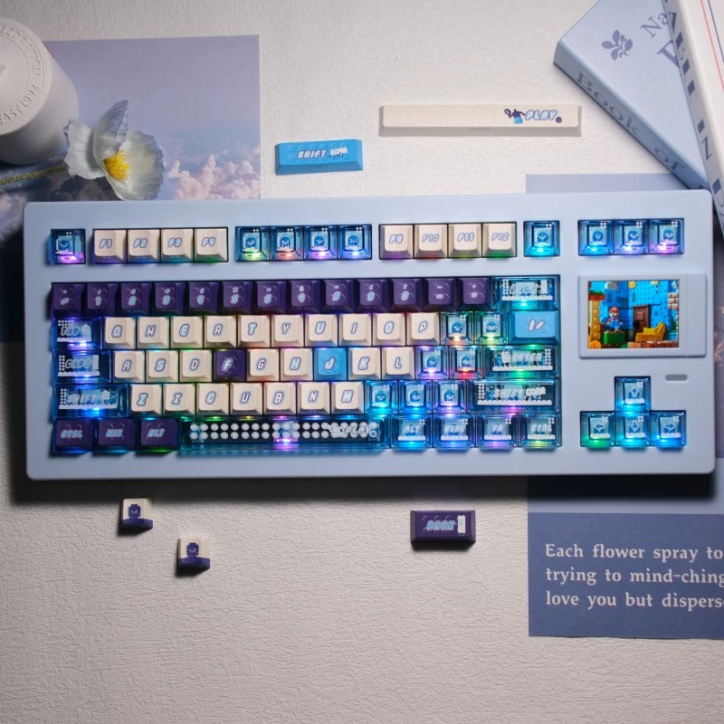 Blue purple Lego set themed keycaps, PBT+PC material personalized keycap set, anime and games cultural creative decoration keycap set, compatible with 61/64/68/75/84/87/104 mechanical keyboard