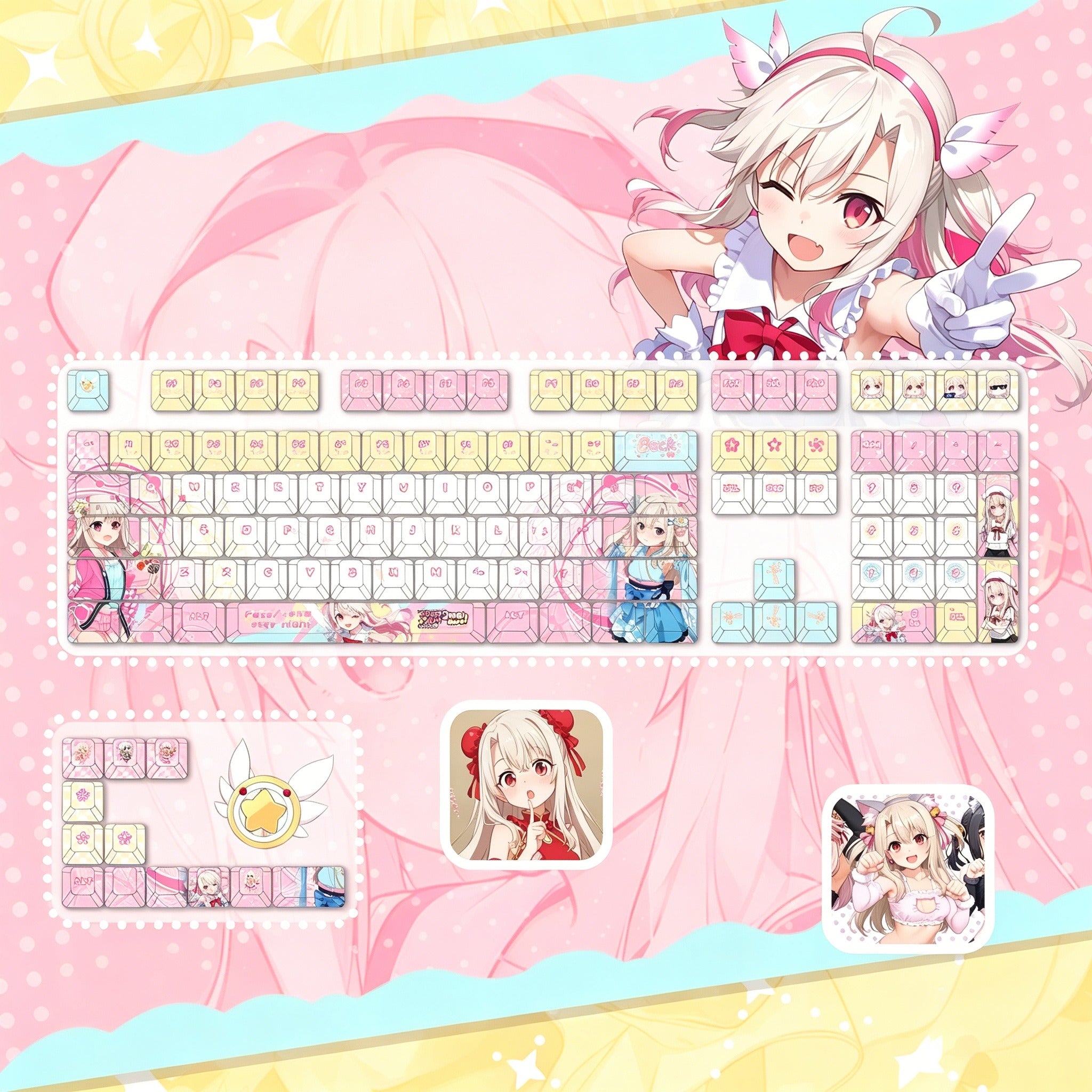 Fate/kaleid liner series, Illyasviel von Einzbern theme, PBT material personalized keycap set, anime keycap culture peripheral mechanical keyboard decoration keycaps, Compatible with 61/64/68/75/84/87/104 key mechanical keyboard keycap set