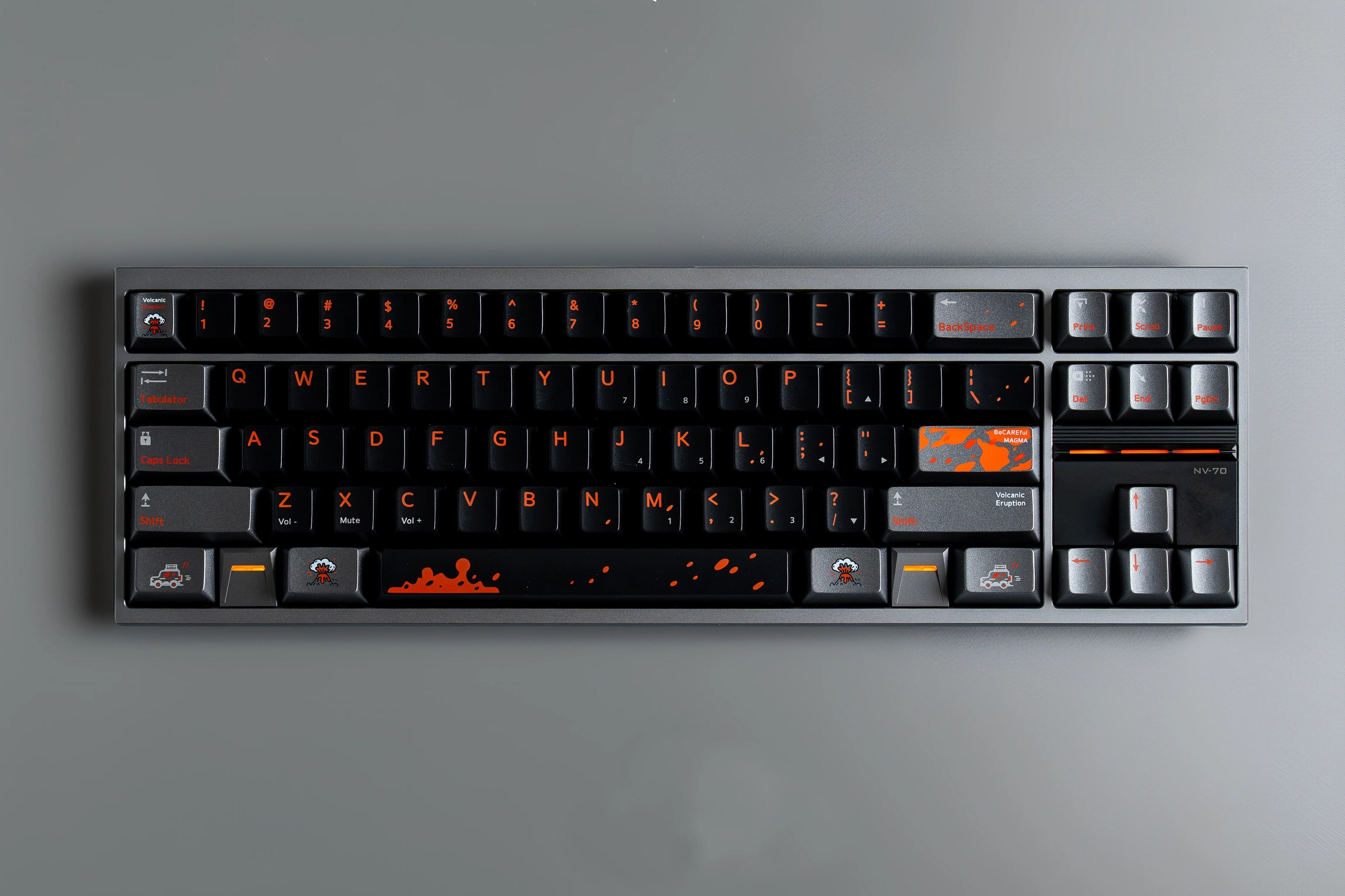 Fire melt flow black dark silver gray light orange V-series texture metallic paint volcano theme original factory mechanical keycap PBT material material personalized keycap set, compatible with 61/64/68/75/84/87/104 mechanical keyboard replacement keycap