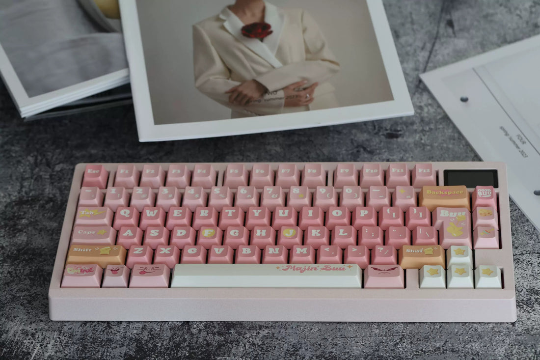 Dragon Ball, pink Majin Buu PBT material creative keycap set, mechanical keyboard decorative keycaps, Anime game creative peripheral, artistic keycaps, Compatible with 61/64/68/75/84/87/104 key mechanical keyboard keycap set