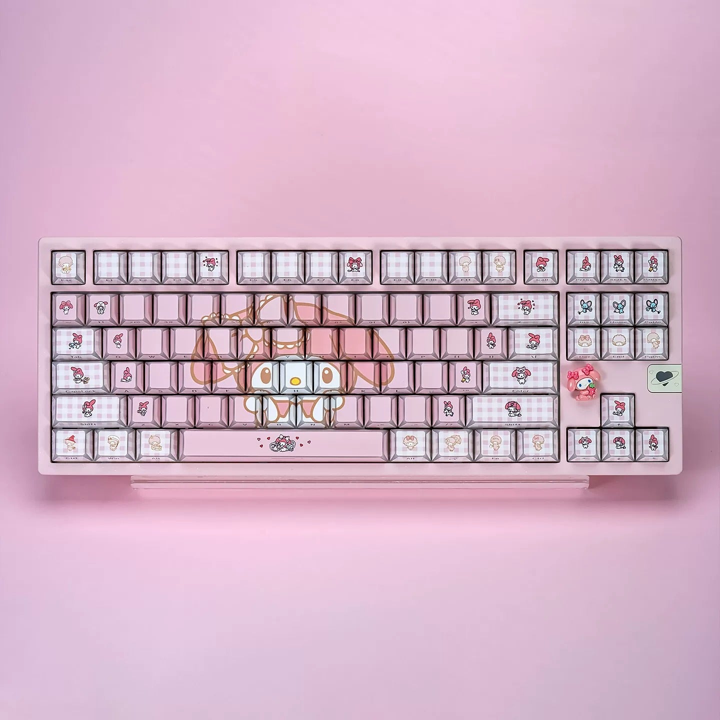 My Melody theme design personalized keycap set with folded edges, transparent side engraving, PBT material, heat sublimation process, original factory height mechanical keyboard decoration keycap set