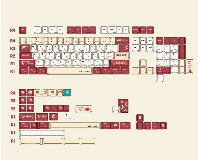 Nishikigi Chisato, Lycoris Recoil Theme PBT material personalized key cap set, animation game culture creative decoration key cap set, compatible with 61/64/68/75/84/87/104 key mechanical keyboard