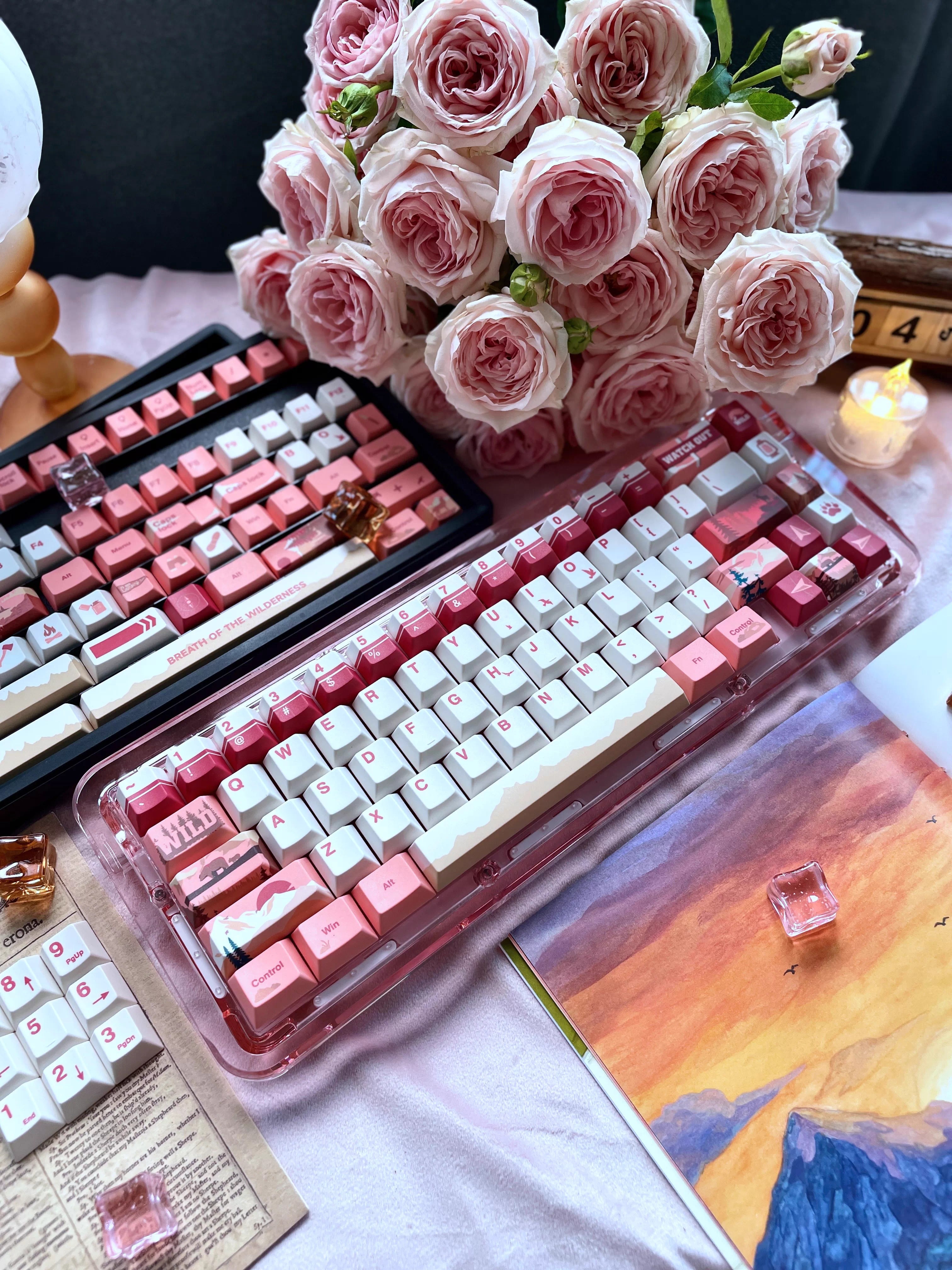Personalized keycap set with Twilight Wilderness theme, featuring a red main tone and original high PBT material for personalized customization of mechanical keyboard keycaps