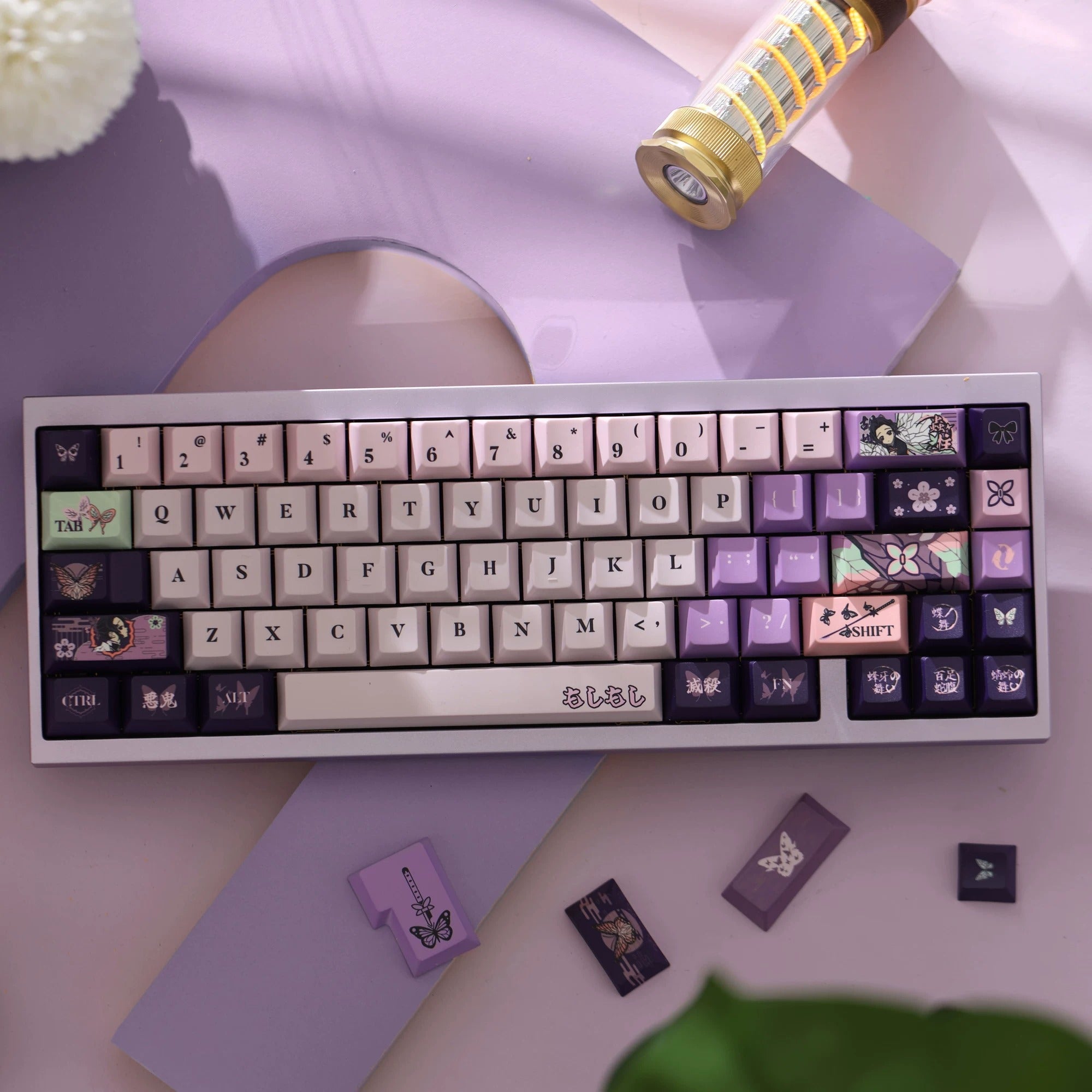 Demon Slayer: Kimetsu no Yaiba series, Kochou Shinobu theme, original high PBT material keycaps, full five sided thermal sublimation process mechanical keyboard custom set keycaps