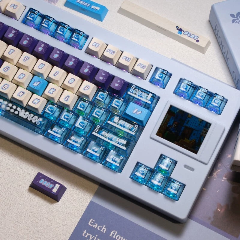 Blue purple Lego set themed keycaps, PBT+PC material personalized keycap set, anime and games cultural creative decoration keycap set, compatible with 61/64/68/75/84/87/104 mechanical keyboard