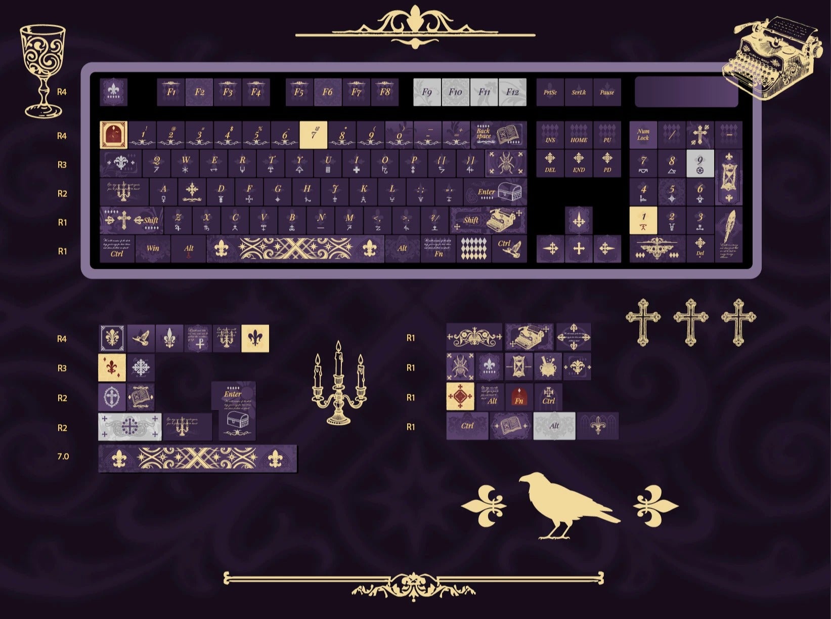 Faust Contract Theme Design, Purple Set, Metallic Paint PBT material personalized keycap set, anime and games cultural creative decoration keycap set, compatible with 61/64/68/75/84/87/104 mechanical keyboard