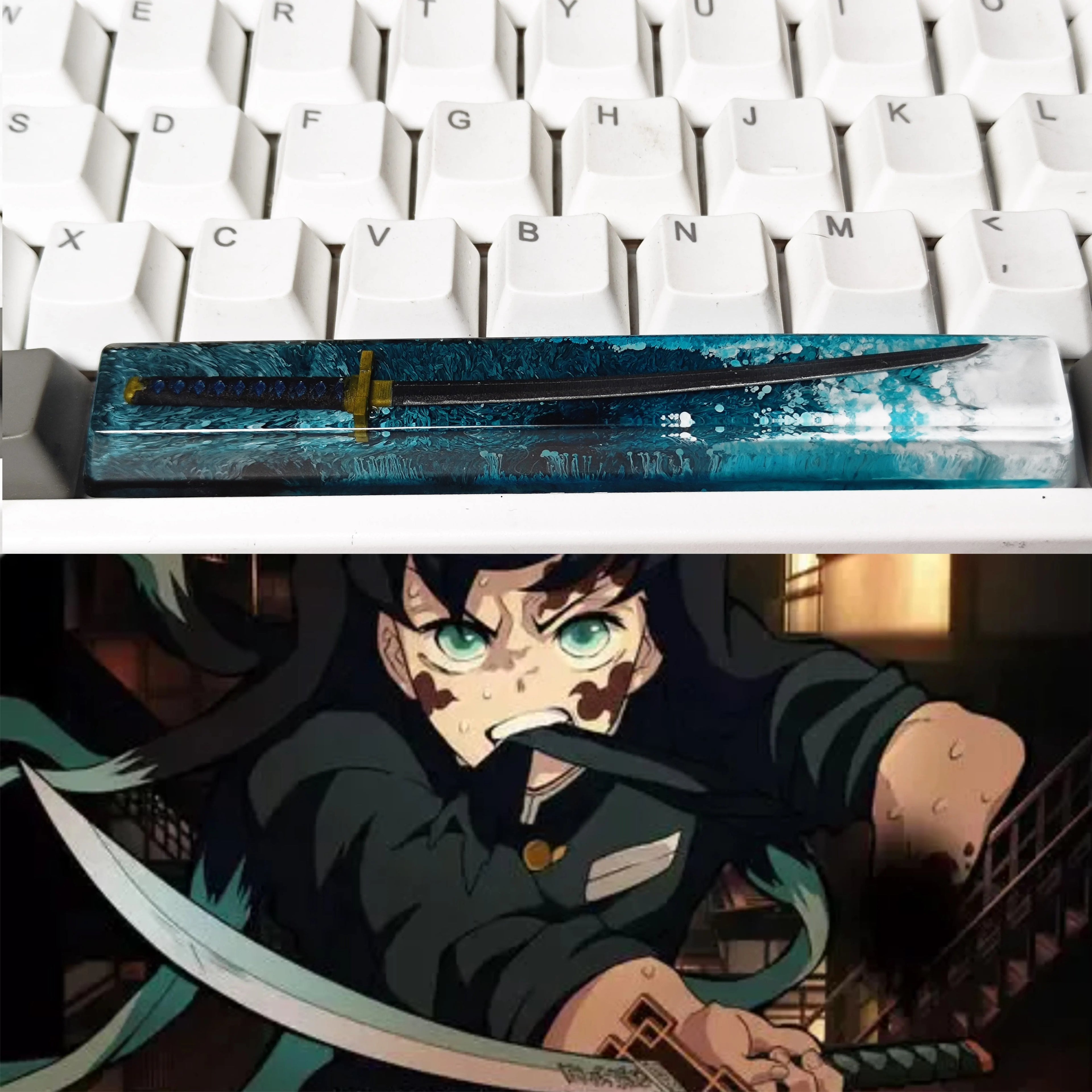 Demon Slayer: Kimetsu No Yaiba, Crystal resin samurai sword, 6.25U space bar personalized keycap, anime and game culture creative custom decorative keycap
