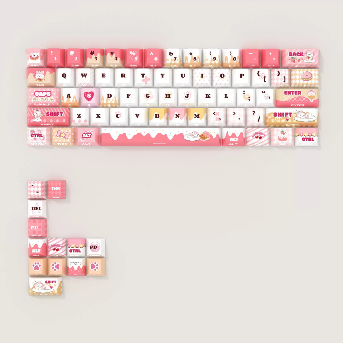 Strawberry Cake Bear Theme Keycap Set, PBT Material Personalized Keycap Set, Anime Game Culture Creative Decorative Keycap Set, Compatible with 61/64/68/75/84/87/104 Key Mechanical Keyboard