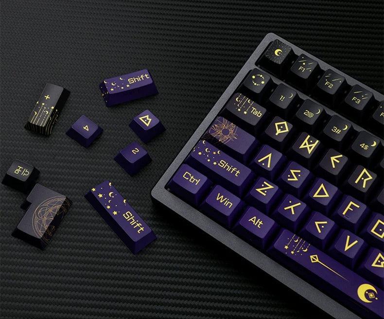 Night Sky Fantasy Theme Design with Large Characters PBT material personalized keycap set, mechanical keyboard replacement decorative keycaps, Starry Sky Divination Keycaps Compatible with 61/64/68/75/84/87/104 Key Mechanical Keyboards