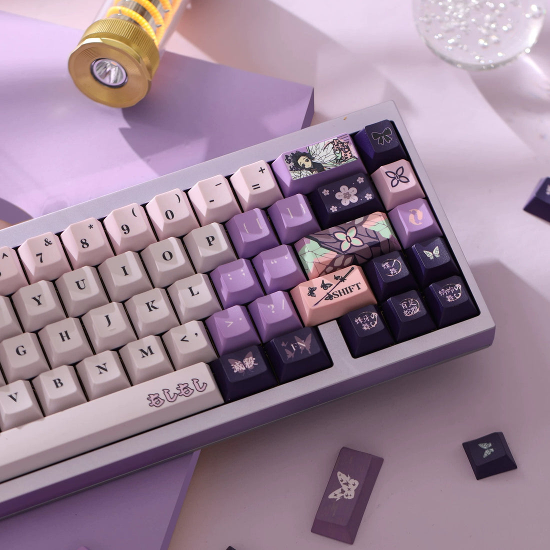 Demon Slayer: Kimetsu no Yaiba series, Kochou Shinobu theme, original high PBT material keycaps, full five sided thermal sublimation process mechanical keyboard custom set keycaps