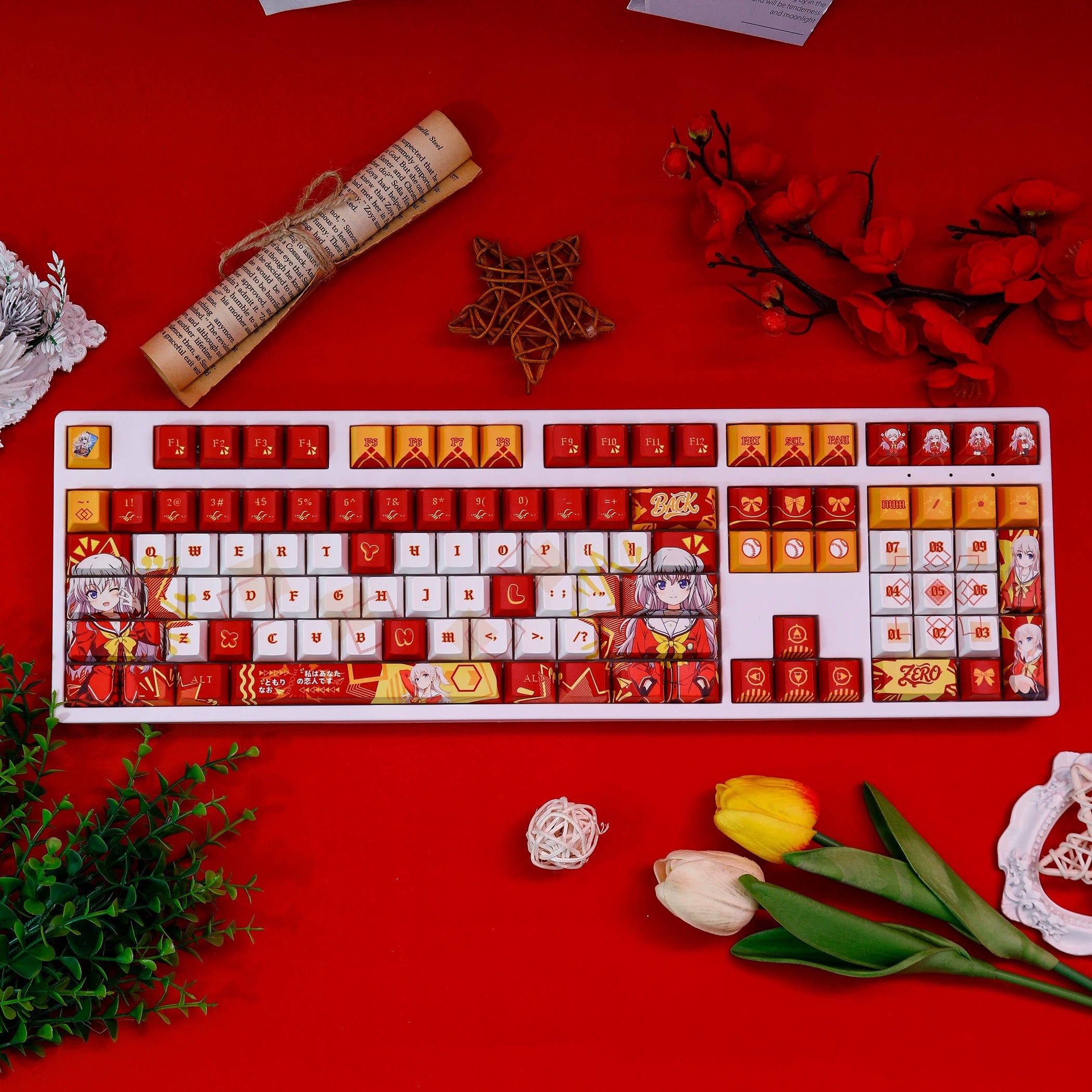 Charlotte theme,Tomori Nao, PBT material personalized keycap set, anime keycap culture peripheral mechanical keyboard decoration keycaps, Compatible with 61/64/68/75/84/87/104 key mechanical keyboard keycap set
