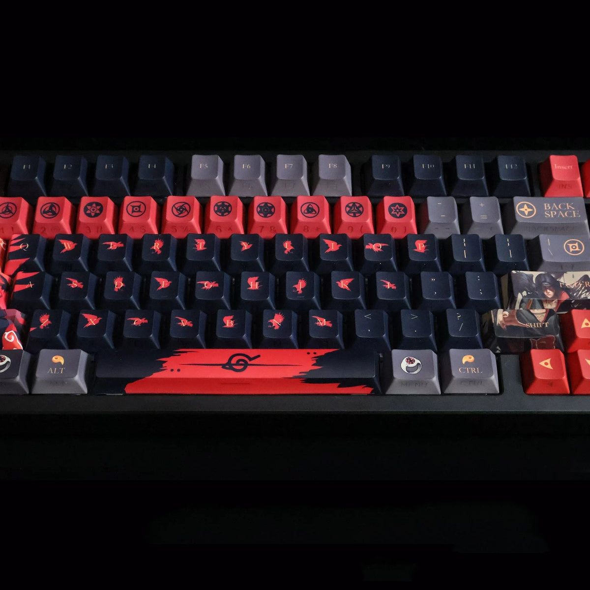 NARUTO,Uchiha Itachi theme, PBT material personalized keycaps, mechanical keyboard replacement keycap set, anime and game cultural and creative keycaps set, Compatible with 61/64/68/75/84/87/104 Key Mechanical Keyboard Keycap Set
